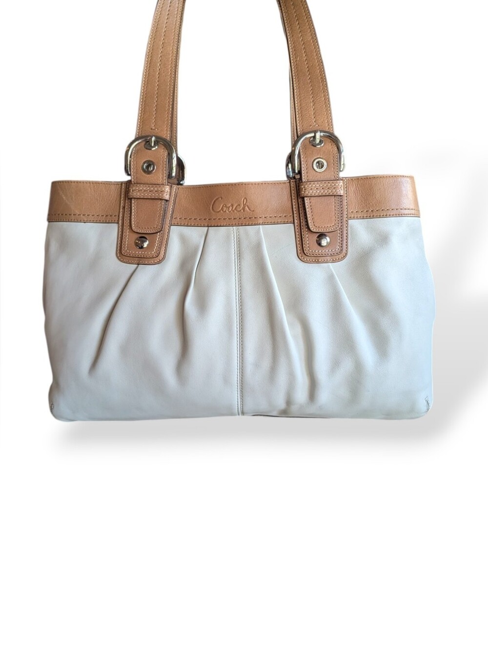 Coach Soho Pleated Tote Leather Ivory Cream Tan Buckle Shoulder Bag Large F13733